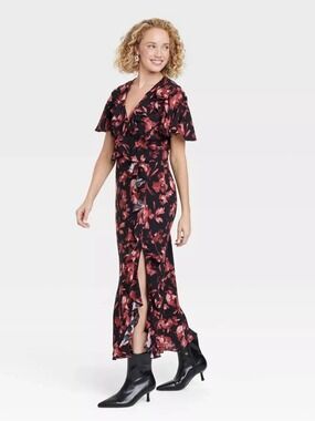 NWOT Ruffle Flounce Short Sleeve Maxi Dress - A New Day Black/Red Size Medium
